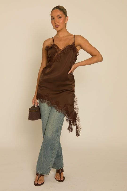 Chocolate Satin Lace Trim Asymmetric Cami Top - Priya
