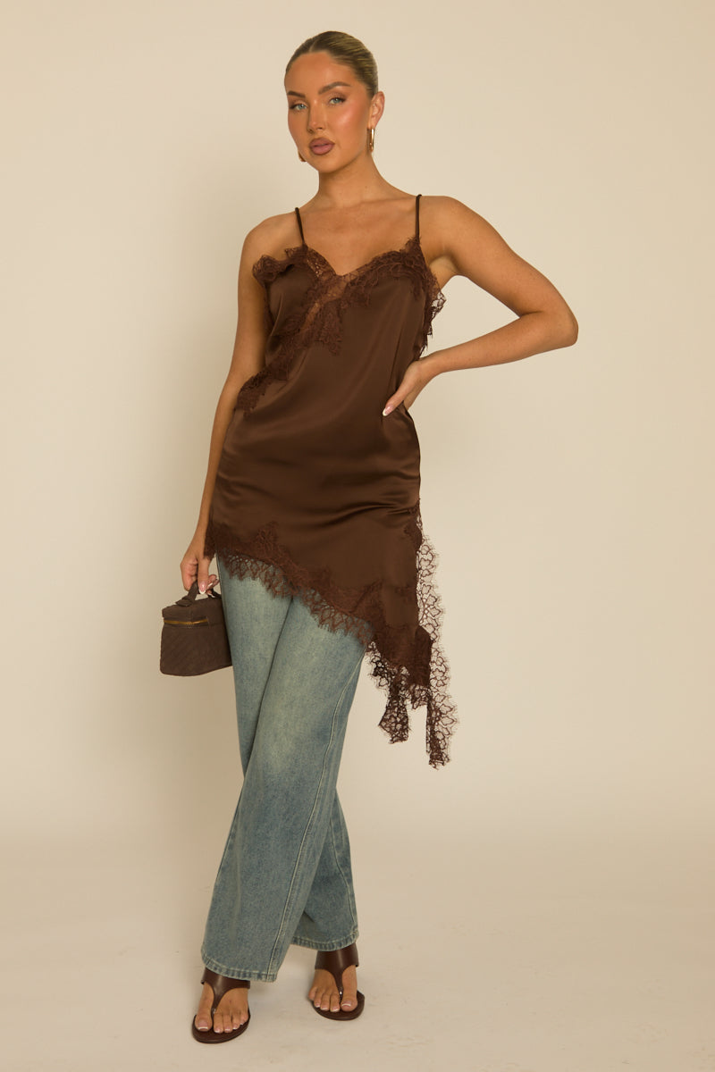 Chocolate Satin Lace Trim Asymmetric Cami Top - Priya