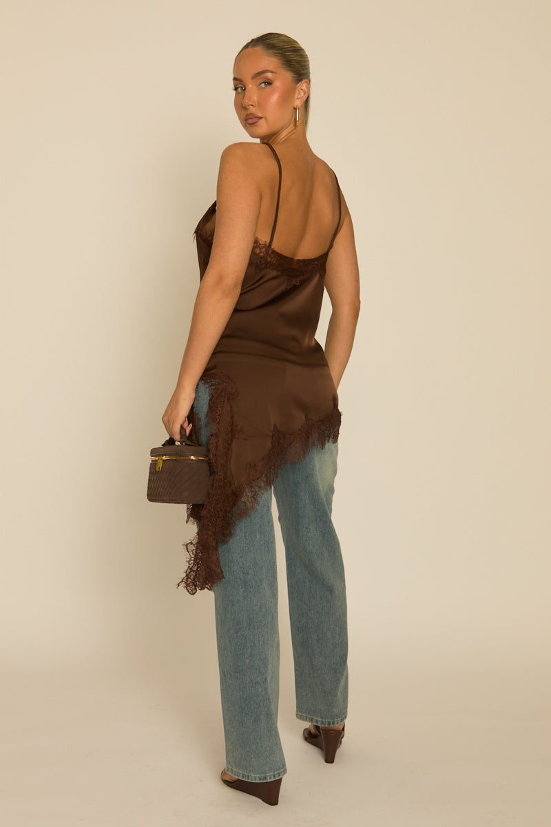Chocolate Satin Lace Trim Asymmetric Cami Top - Priya