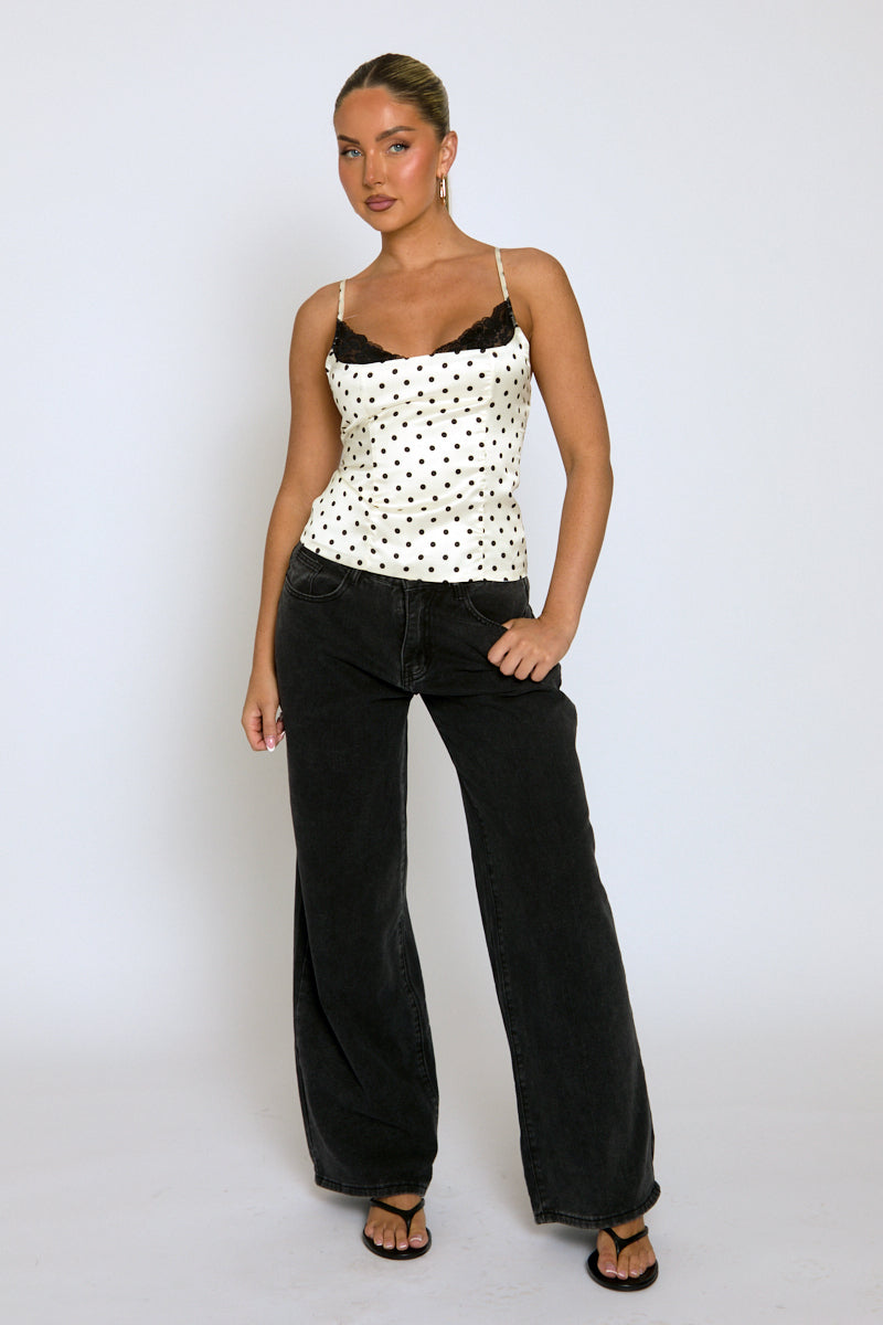 White Satin Polka Dot Lace Trim Cami Top - Arna