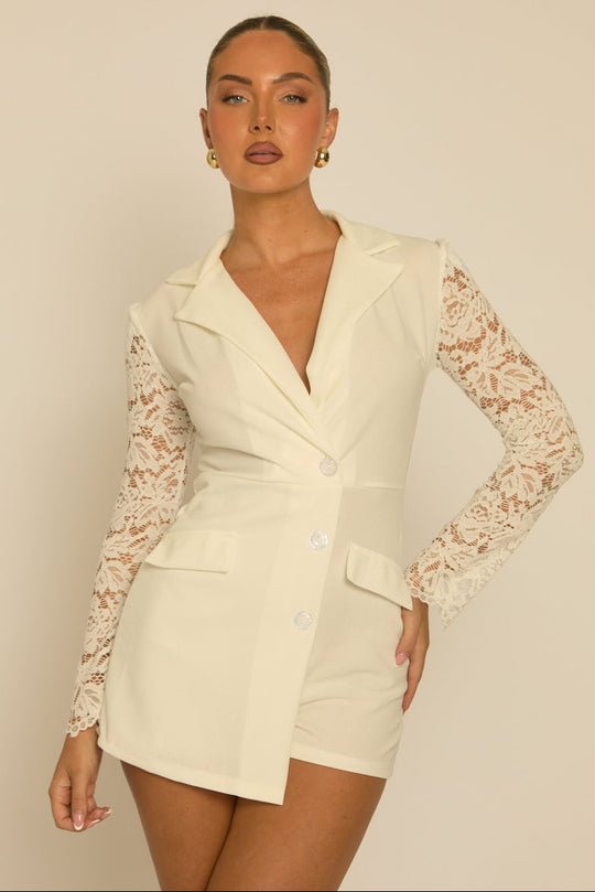 White Lace Sleeve Tailored Blazer Playsuit - Maisee