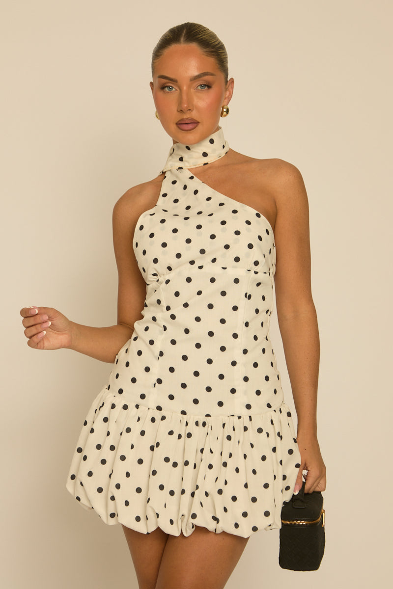 White Polka Dot Scarf Mini Dress - Noah