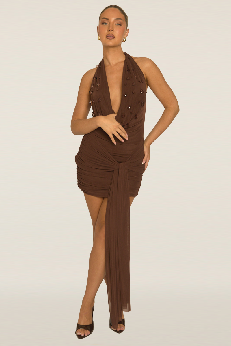 Chocolate Beaded Cowl Mini Dress - Noor