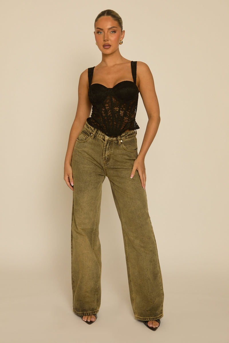 Black Lace Semi Sheer Corset Top - Sharna