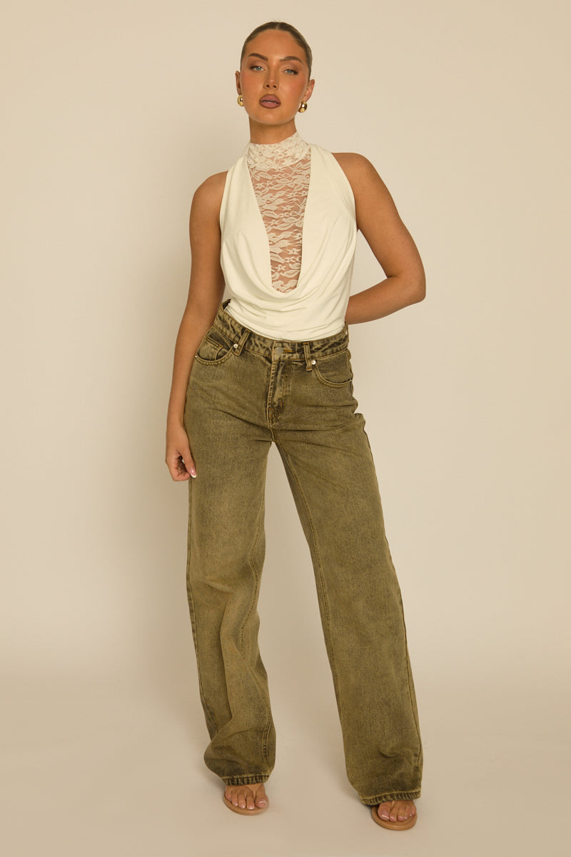 White Lace Drape Front Bodysuit - Aubreen