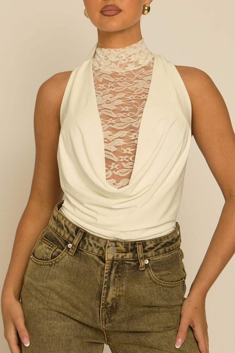 White Lace Drape Front Bodysuit - Aubreen