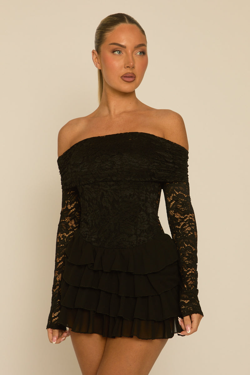 Black Bardot Frill Lace Playsuit - Dixon