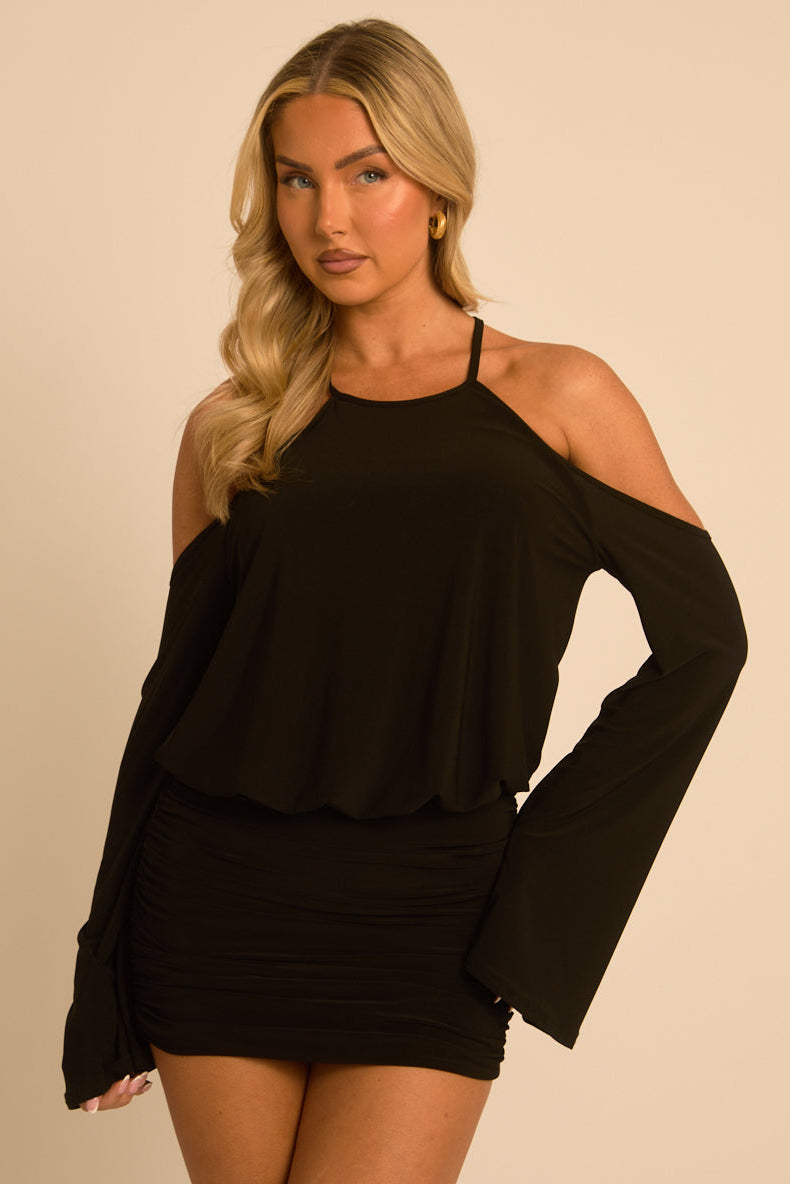 Black Cold Shoulder Blouson Mini Dress - Clarissa