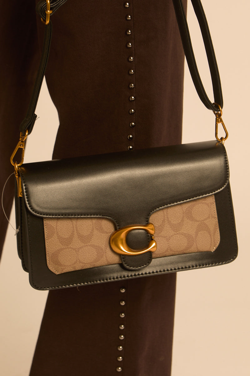 Black Faux Leather Logo Detail Shoulder Bag - Jolie