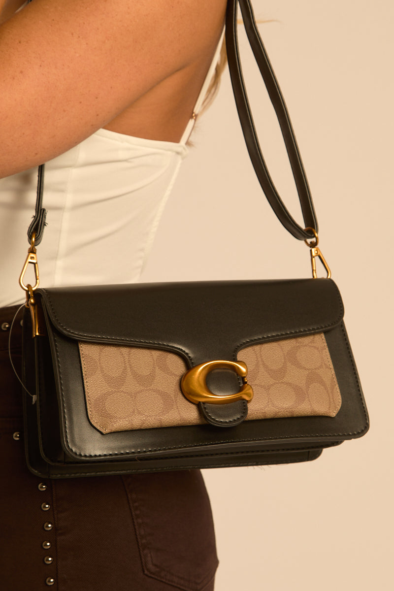 Black Faux Leather Logo Detail Shoulder Bag - Jolie