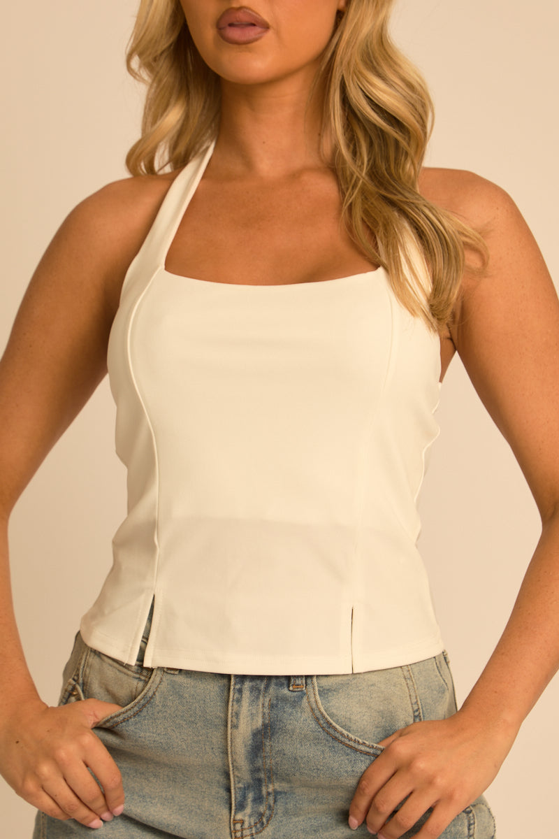White Halterneck Split Front Top - Rannae
