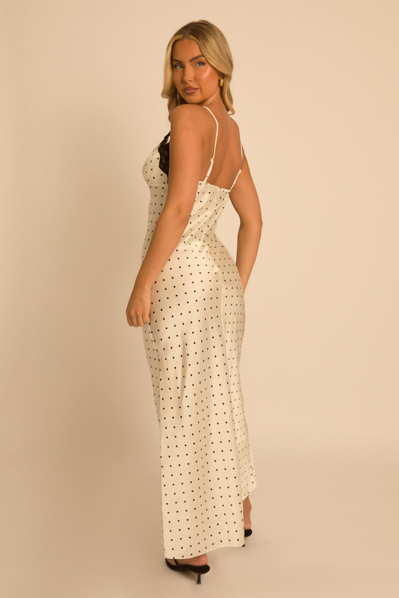 Ivory Polka Dot Satin Slip Maxi Dress - Lucca