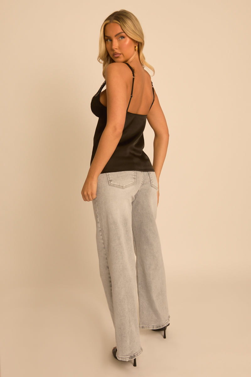 Black Satin Lace Strap Cami - Trista
