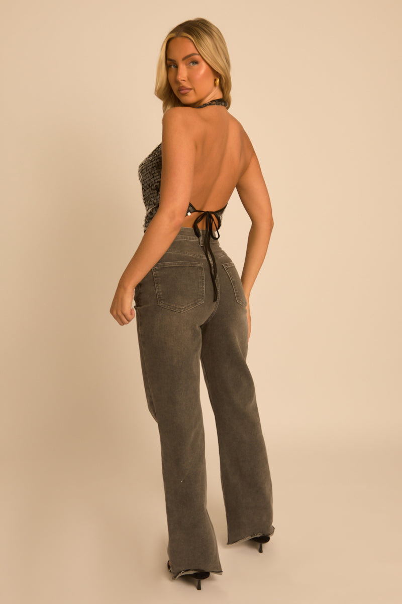 Black Sequin Cowl Halterneck Top - Wren