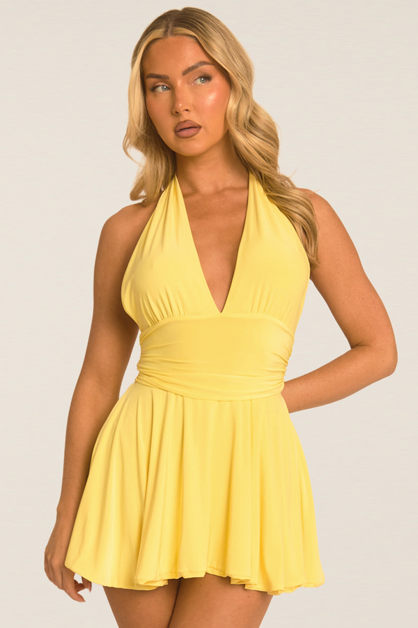 Yellow Halter Plunge Neck Mini Dress