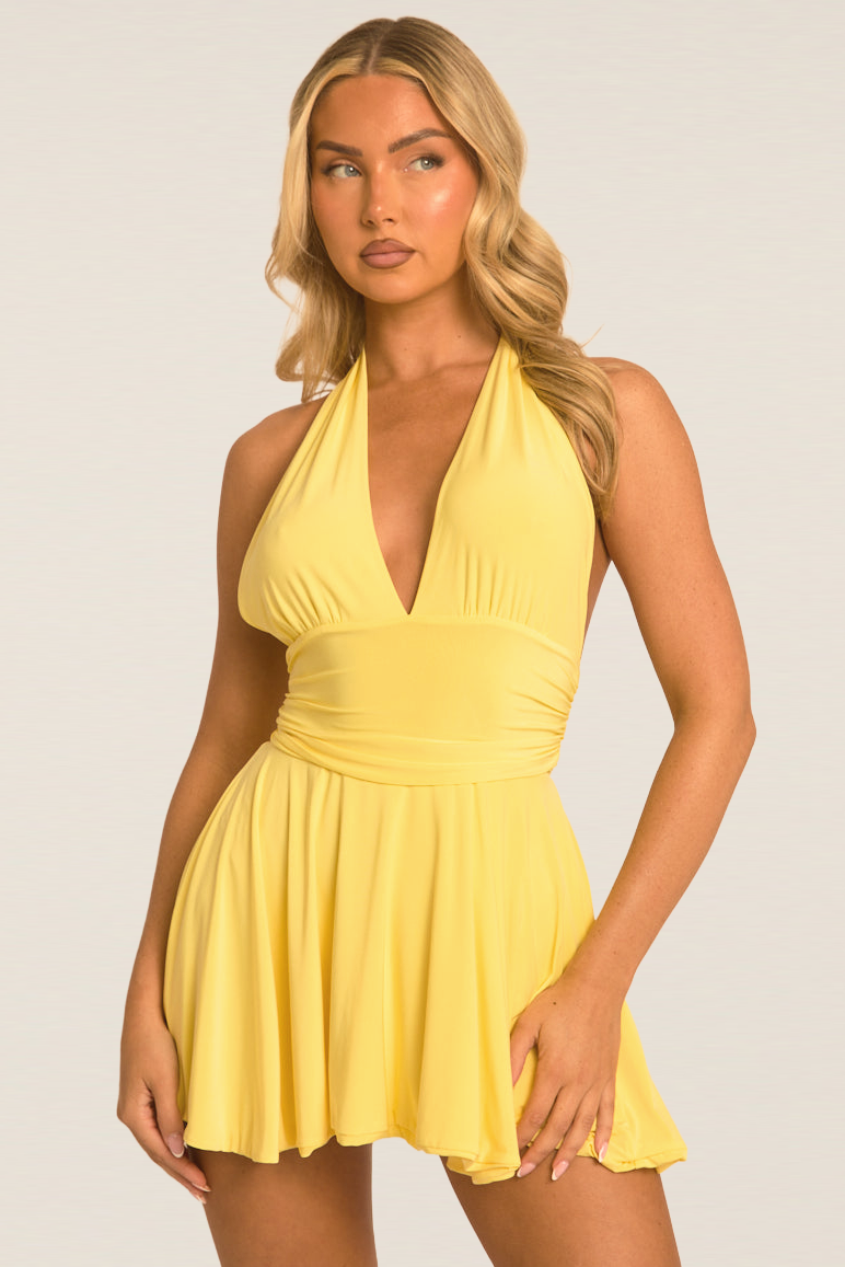 Yellow Halter Plunge Neck Mini Dress - Pippa Rebellious Fashion Yellow Halter Plunge Neck Mini Dress - Pippa Rebellious Fashion