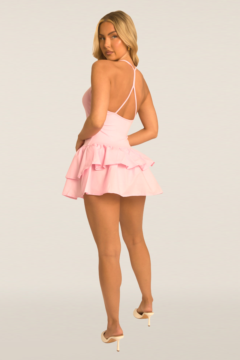 Pink Frill Hem Halterneck Mini Dress - Vivi