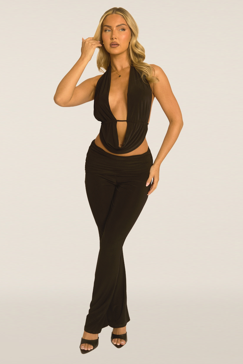 Black Plunge Top and Flare Trouser Co-ord Set - Kammie