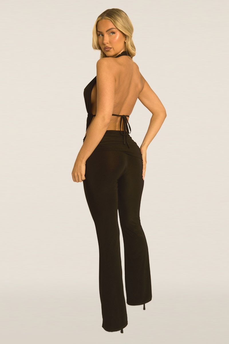 Black Plunge Top and Flare Trouser Co-ord Set - Kammie