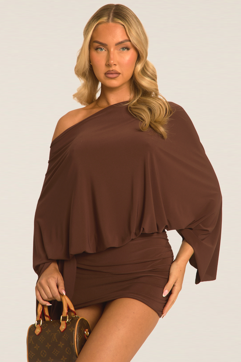 Chocolate Asymmetric Batwing Mini Dress - Neema