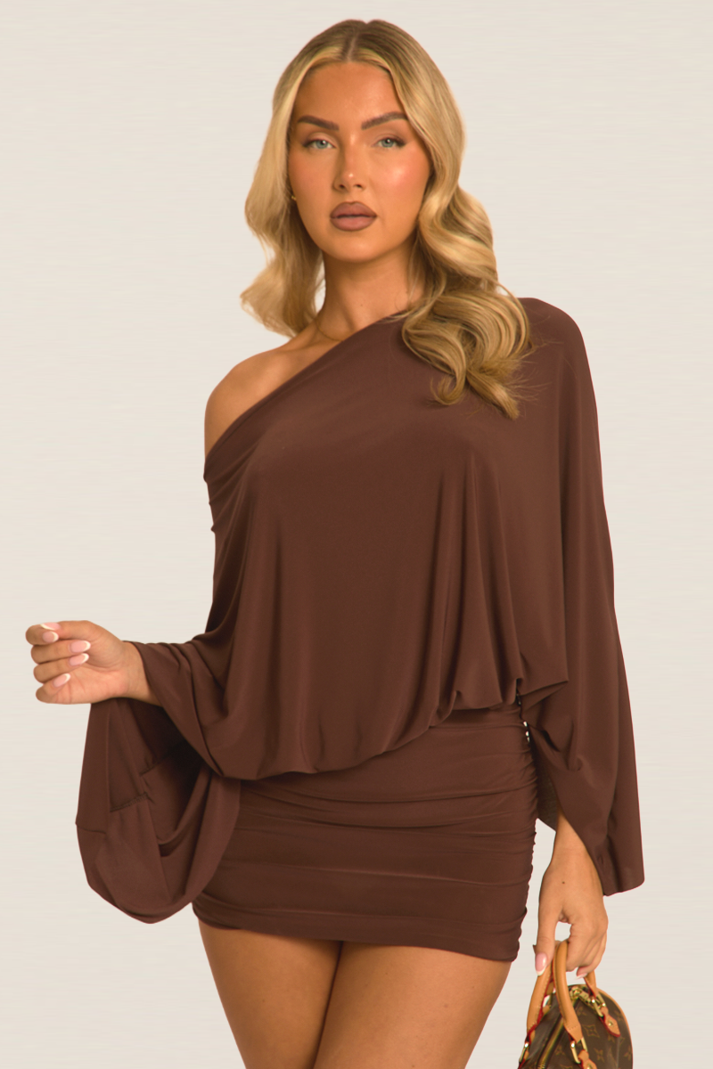 Chocolate Asymmetric Batwing Mini Dress - Neema