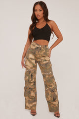 Khaki Abstract Print Cargo Trousers - Faye