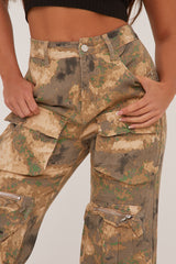 Khaki Abstract Print Cargo Trousers - Faye