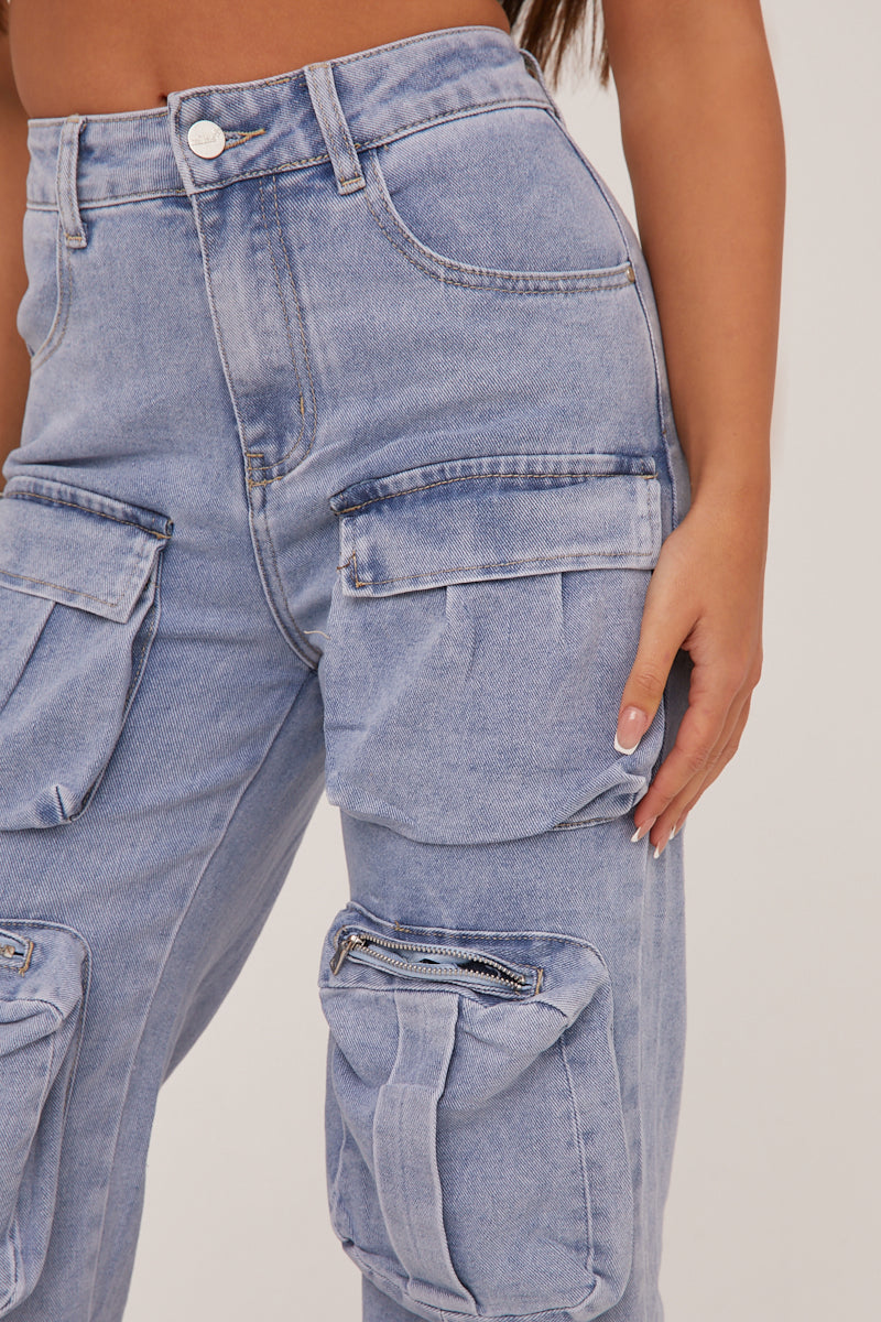 Light Blue Denim Cargo Trousers - Daisy