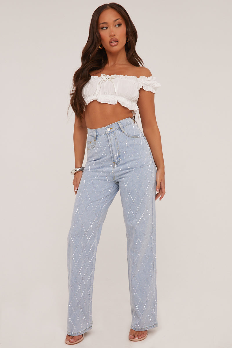 Light Blue Diamante Detail Straight Leg Jeans - Imaan
