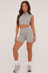 Grey Zip Front Seamless Cropped Top & Shorts Co-ord Set - Chelsea
