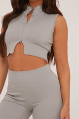 Grey Zip Front Seamless Cropped Top & Shorts Co-ord Set - Chelsea