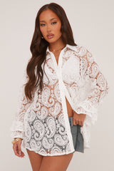 White Lace Button Up Frill Sleeve Shirt - Lynn