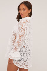 White Lace Button Up Frill Sleeve Shirt - Lynn
