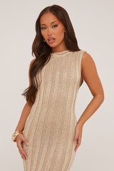 Gold Metallic Knit Twist Back Maxi Dress - Annrose