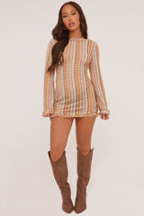 Multi Knit Abstract Pattern Backless Mini Dress - Kerina