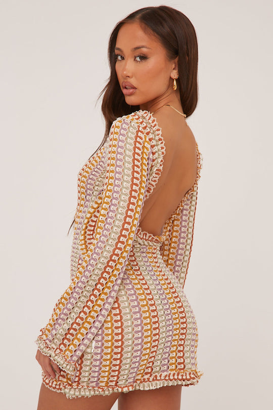 Multi Knit Abstract Pattern Backless Mini Dress - Kerina