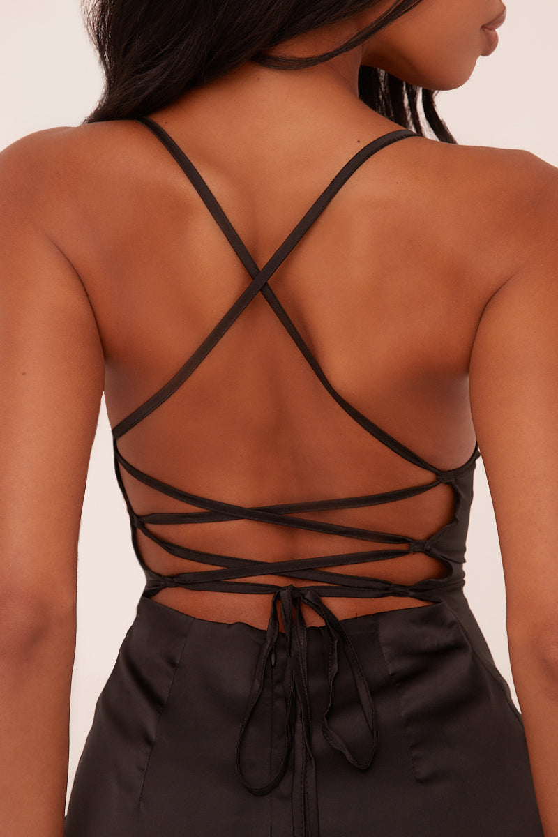 Black Satin Lace Up Bodycon Mini Dress - Sira Black Satin Lace Up Bodycon Mini Dress - Sira
