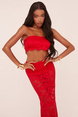 Red Lace Bandeau Cropped Top & Maxi Skirt Co-ord Set - Nian