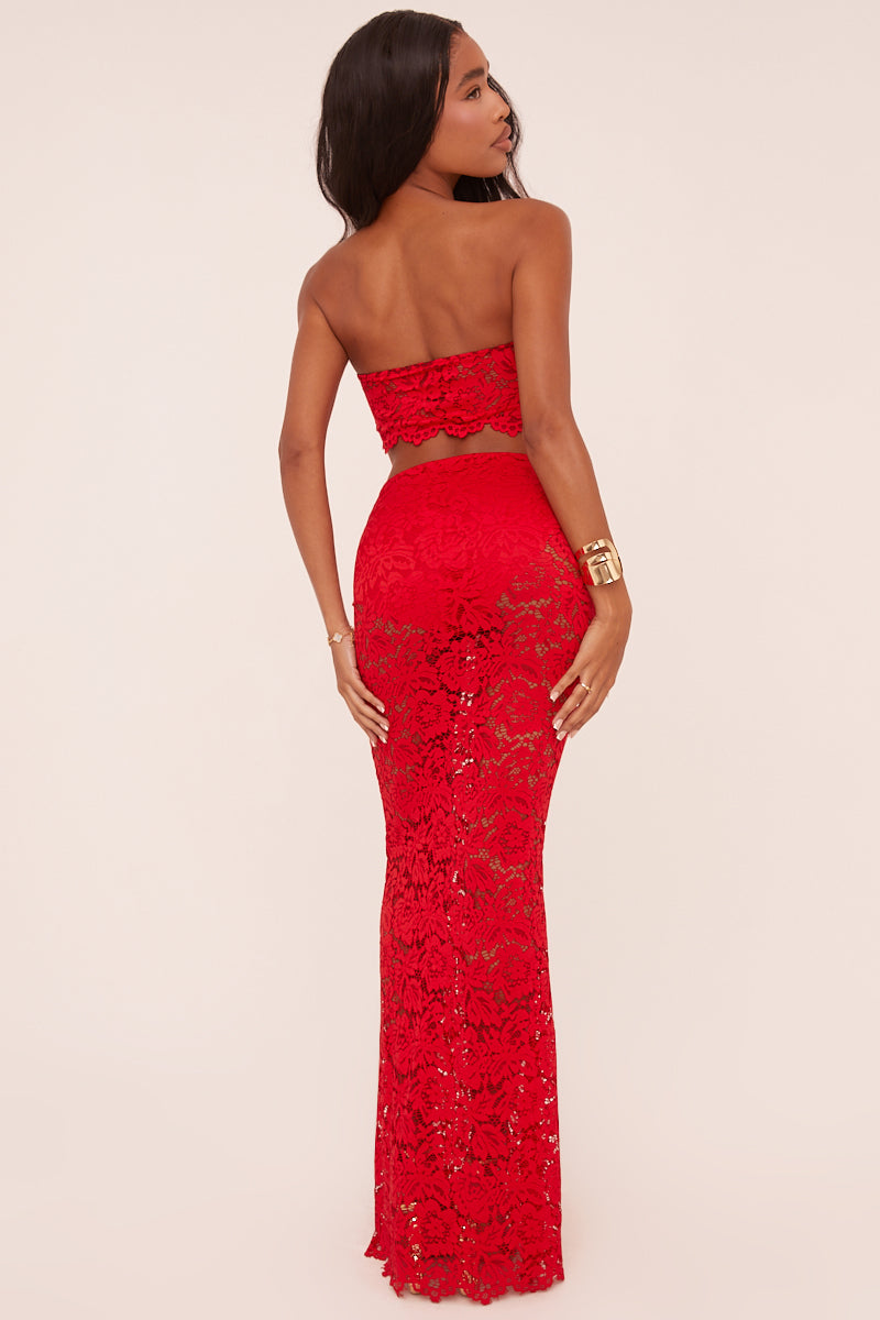 Red Lace Bandeau Cropped Top & Maxi Skirt Co-ord Set | Co-ords | Rebellious Fashion Red Lace Bandeau Cropped Top & Maxi Skirt Co-ord Set | Co-ords | Rebellious Fashion