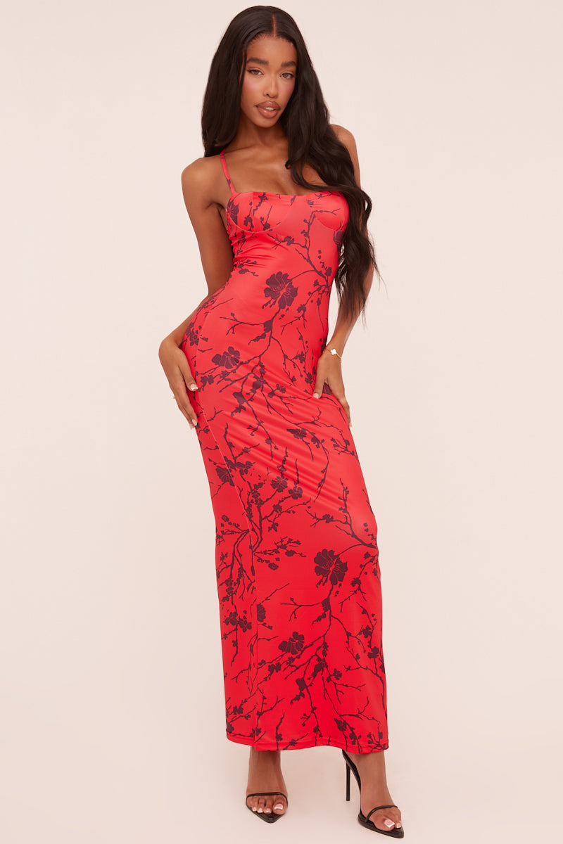Red Floral Print Shoulder Straps Maxi Dress - Madelon
