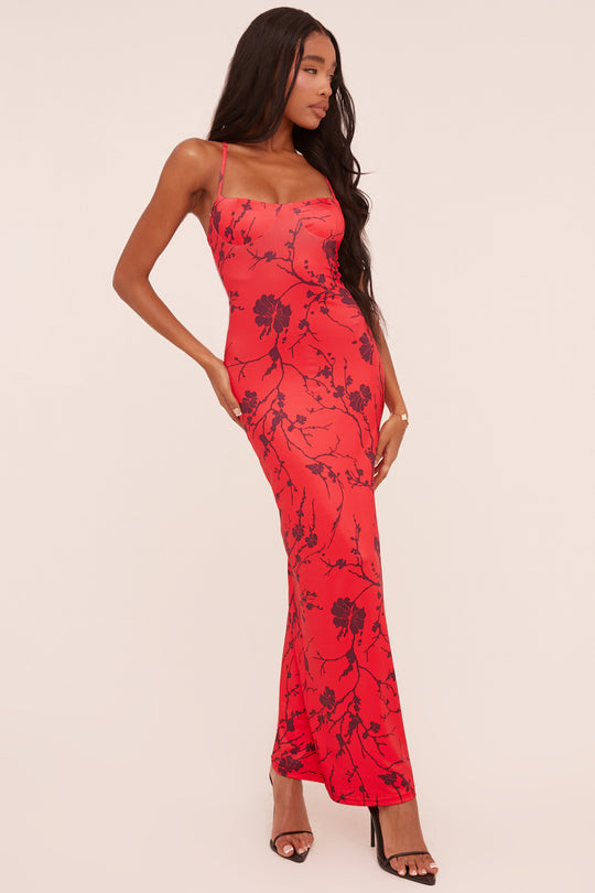 Red Floral Print Shoulder Straps Maxi Dress - Madelon
