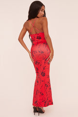 Red Floral Print Shoulder Straps Maxi Dress - Madelon