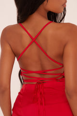 Red Satin Lace Up Bodycon Mini Dress - Sira