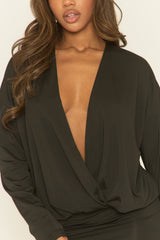Black Extreme Plunge Wrap Long Sleeve Mini Dress - Azmina