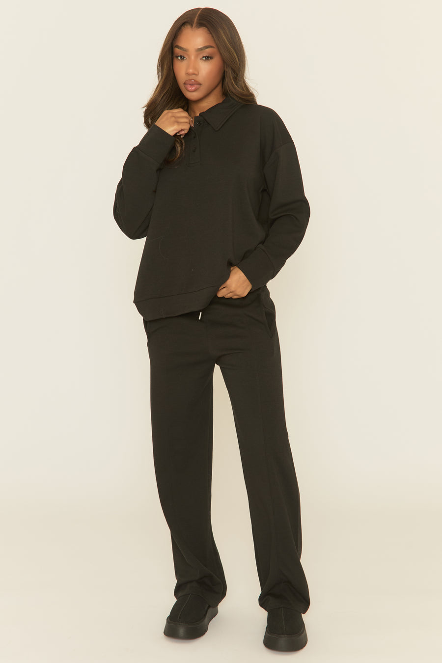 Black Polo Collared Loungewear Co-ord Set - Madisyn