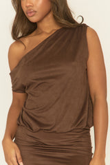 Brown Faux Suede Asymmetric Blouson Mini Dress - Lerryn