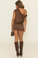 Brown Faux Suede Asymmetric Blouson Mini Dress - Lerryn