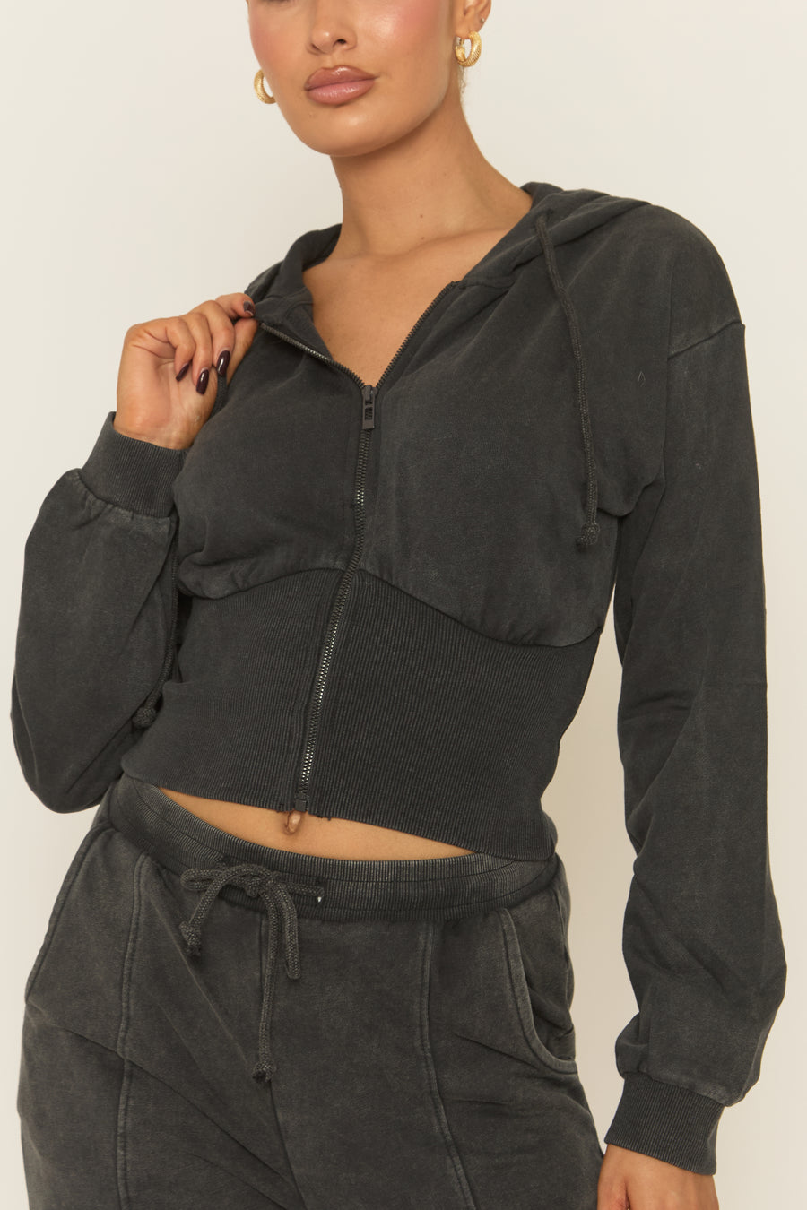 Charcoal Acid Wash Zip Through Corset Hoodie Loungewear Co-ord Set - Moara