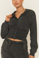 Charcoal Acid Wash Zip Through Corset Hoodie Loungewear Co-ord Set - Moara
