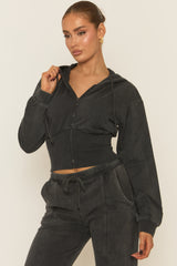 Charcoal Acid Wash Zip Through Corset Hoodie Loungewear Co-ord Set - Moara